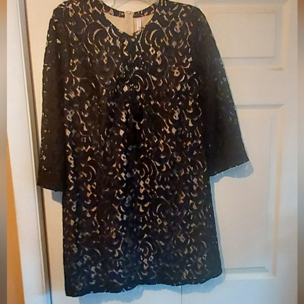 Xhilaration Black Lace Beige Lining Shift Dress Bell Sleeve Whimsigoth Fairy Lg